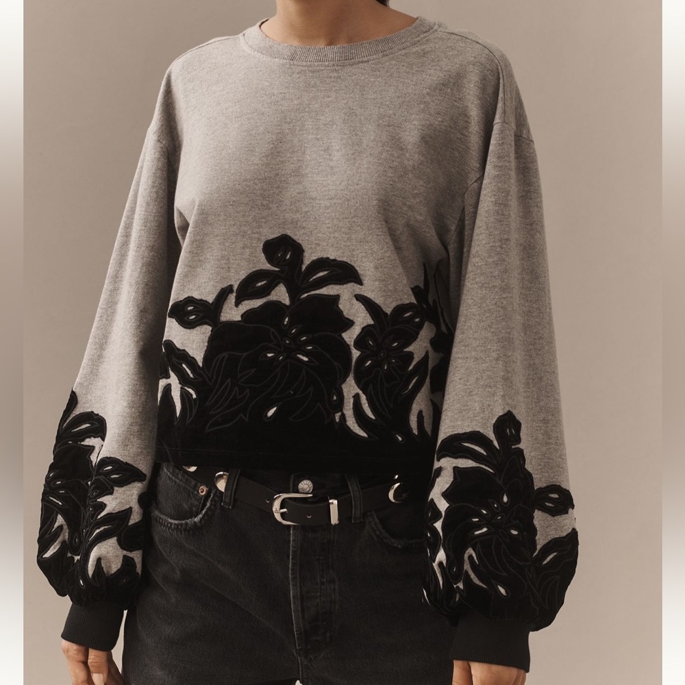 Anthropologie Gray Sweatshirt with Black Floral Appliqué